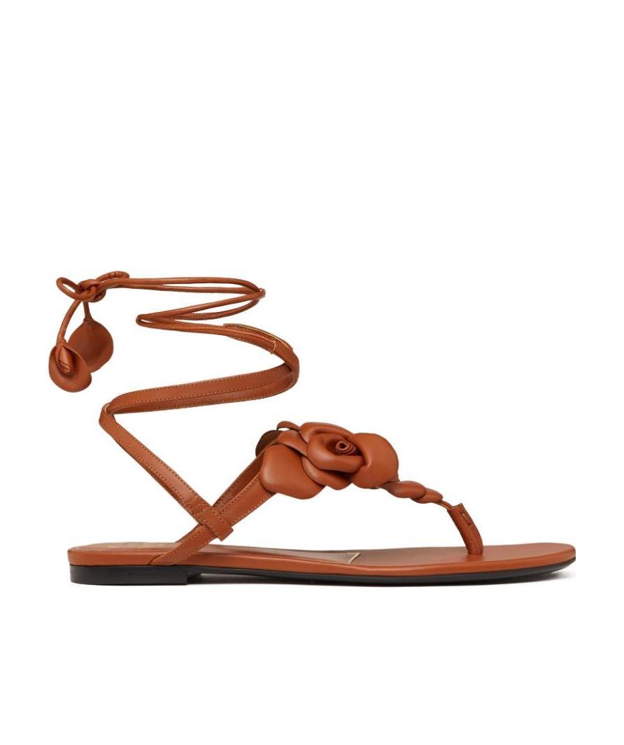 Shop Valentino Floral Appliqué Leather Sandals In Brown