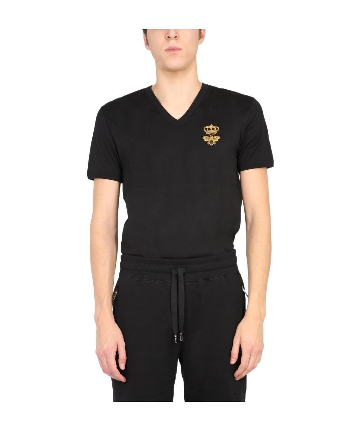 Dolce & Gabbana Crown Bee V-neck T-shirt In Black