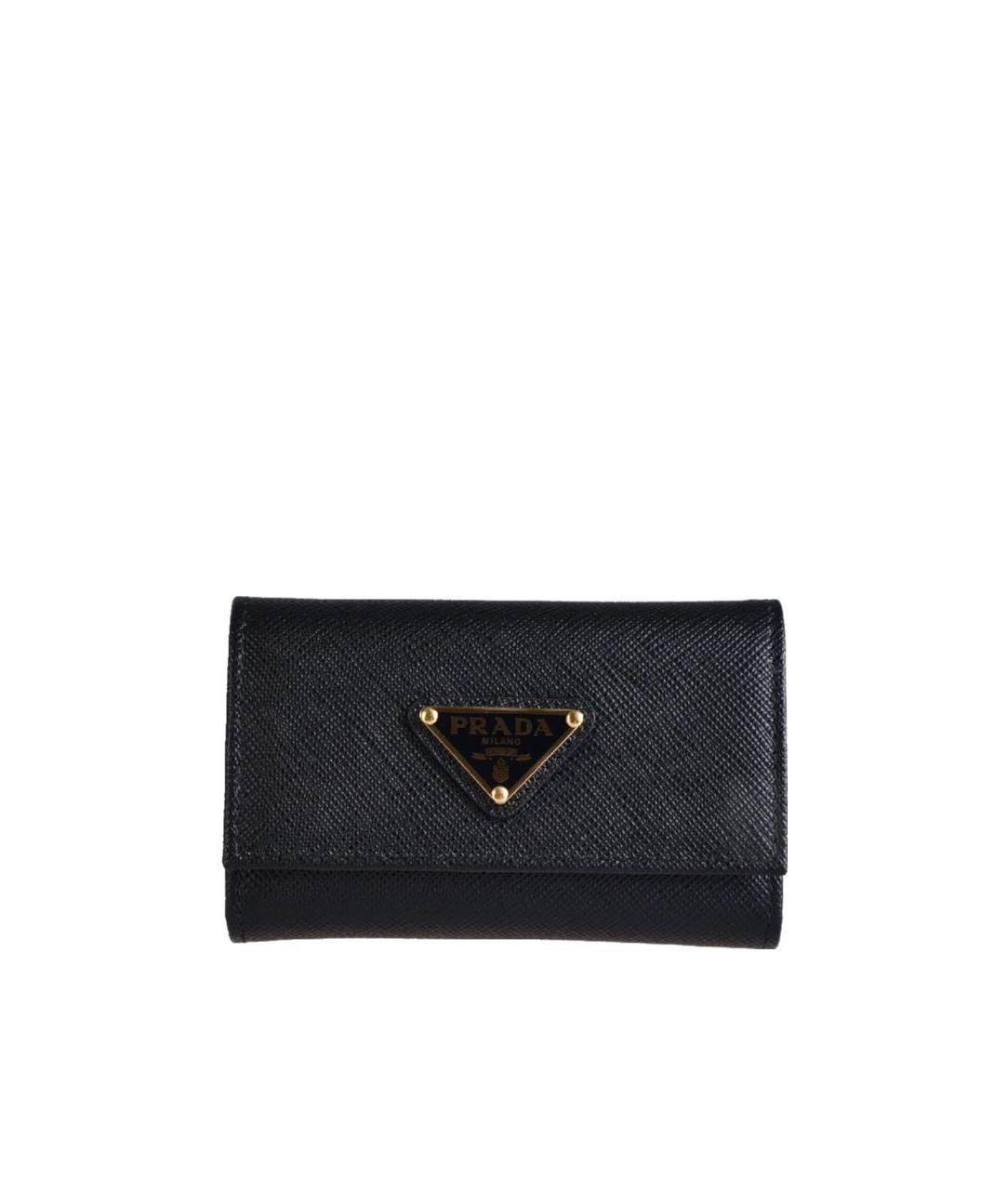 Prada Triangle Logo Saffiano-leather Keyring Case In Black