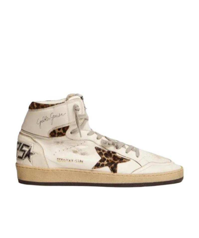 Golden Goose Mens Sky-star Sneakers With Signature On The Ankle And Leopard-print Pony Skin Inserts In Neutral