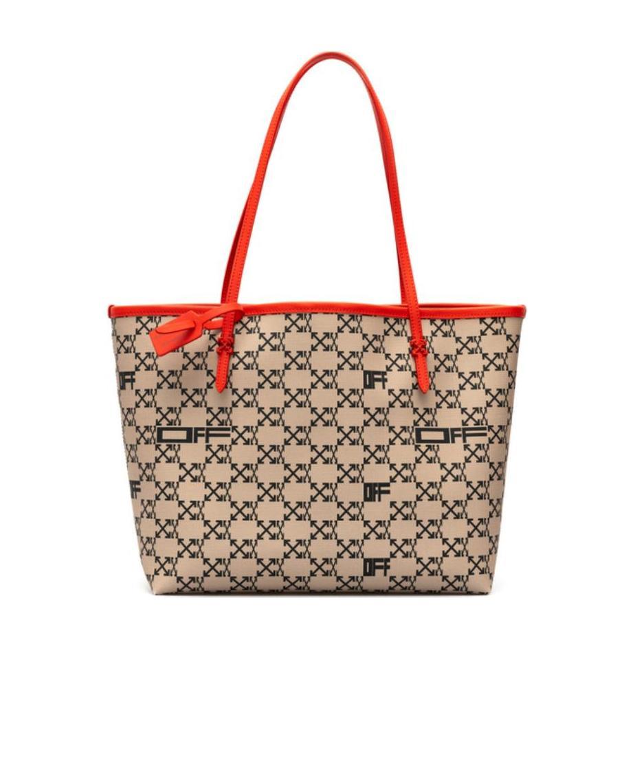 Off-white Logoed Fabric Tote Bag With Leather Trims In Brown