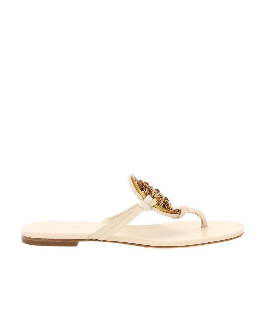 Tory Burch Logo-plaque Flat Sandals In Nude