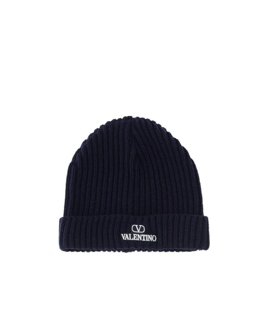 Valentino Vlogo-embroidered Ribbed Wool Beanie In Black