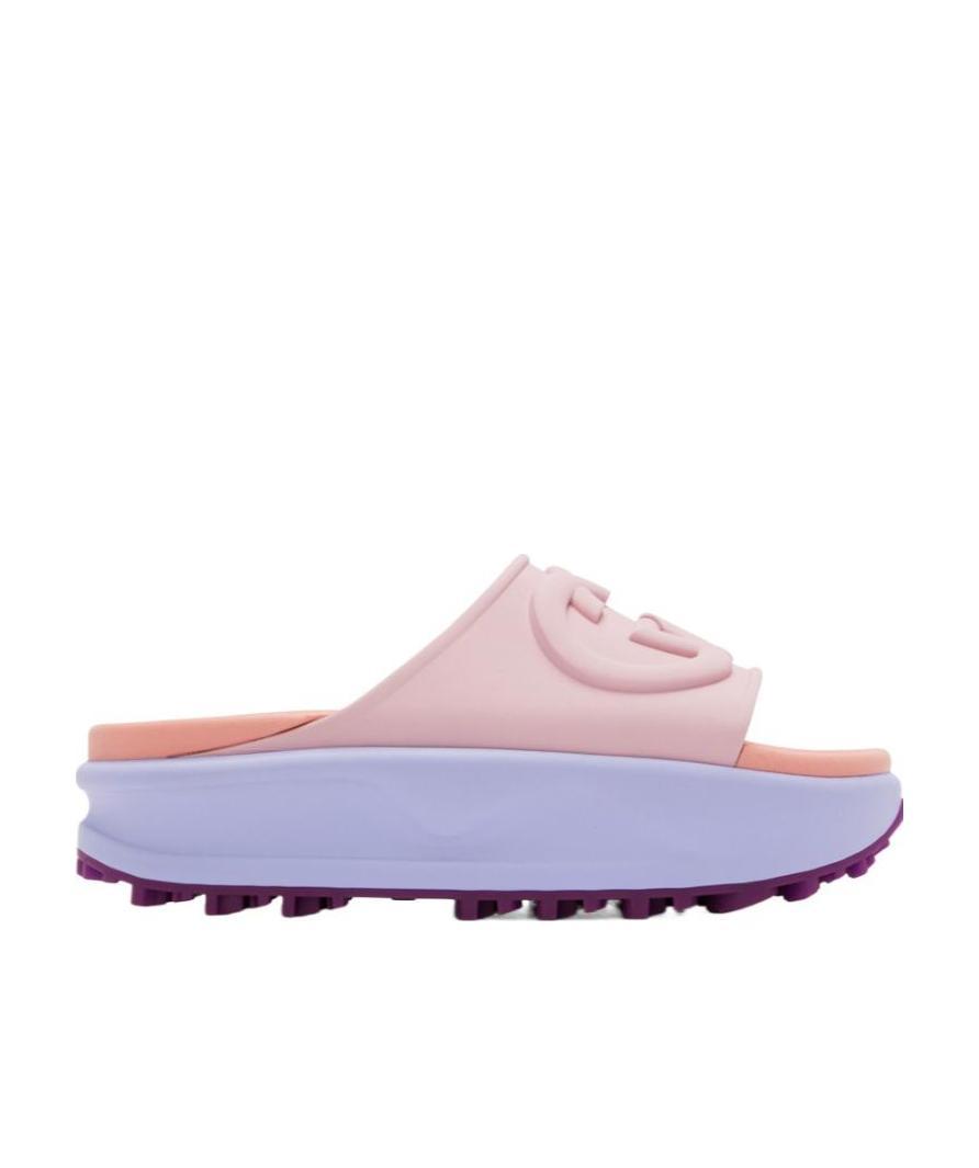 Gucci Logo-embossed Flatform Slides In Blue