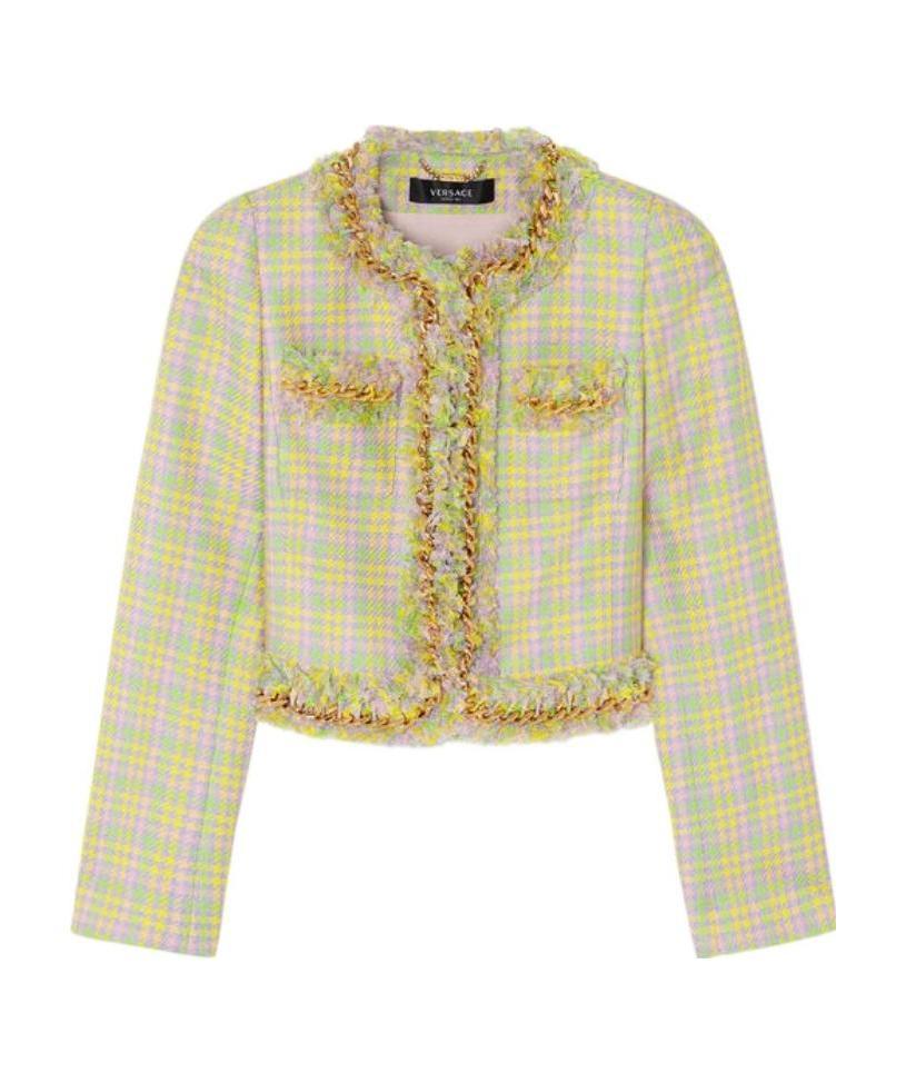 Versace Check-print Chain-applique Crop Jacket In Nude