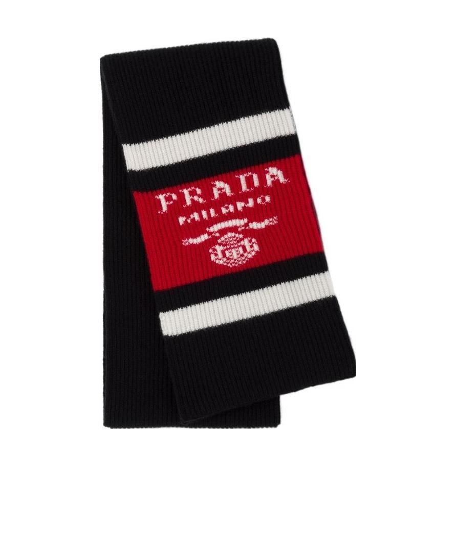 Prada Logo Jacquard Cashmere Scarf In Black