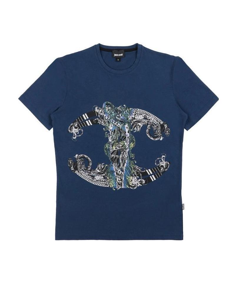 Just Cavalli T-shirt With Round Neck And Short Sleeves In Blue