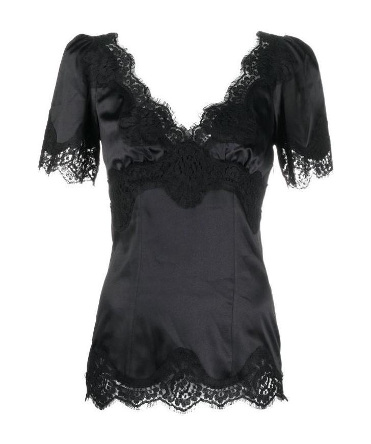 Dolce & Gabbana Lace-trimmed Silk Satin Top In Black