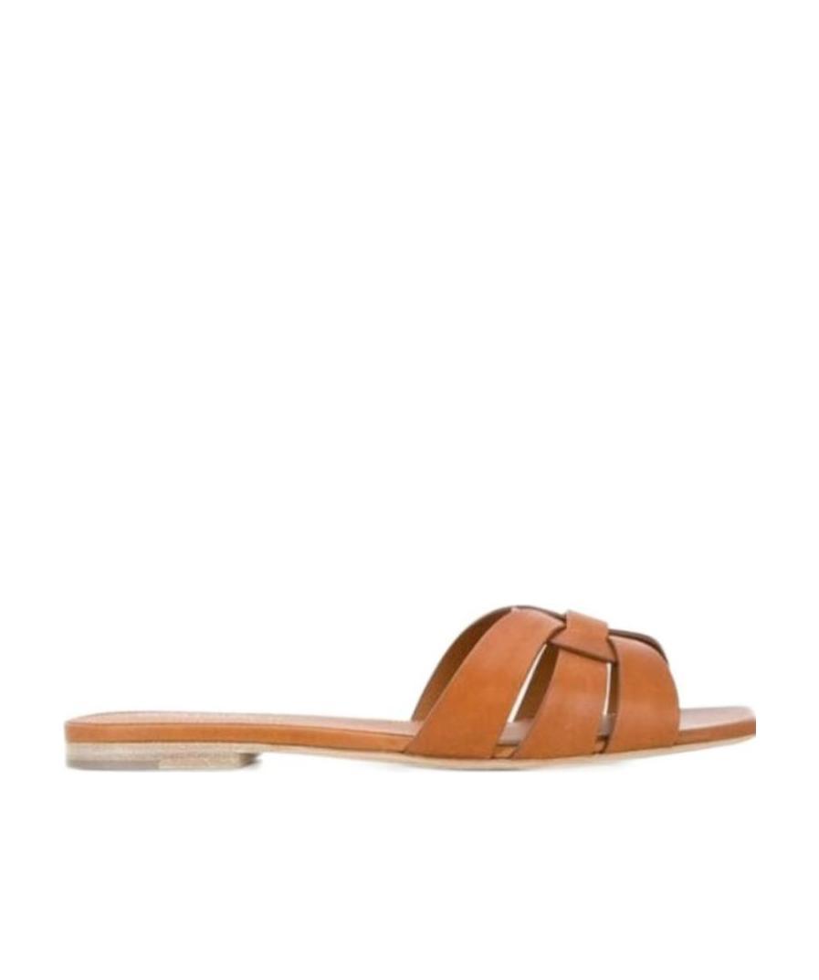 Saint Laurent Woven Leather Sandal Slide In Brown