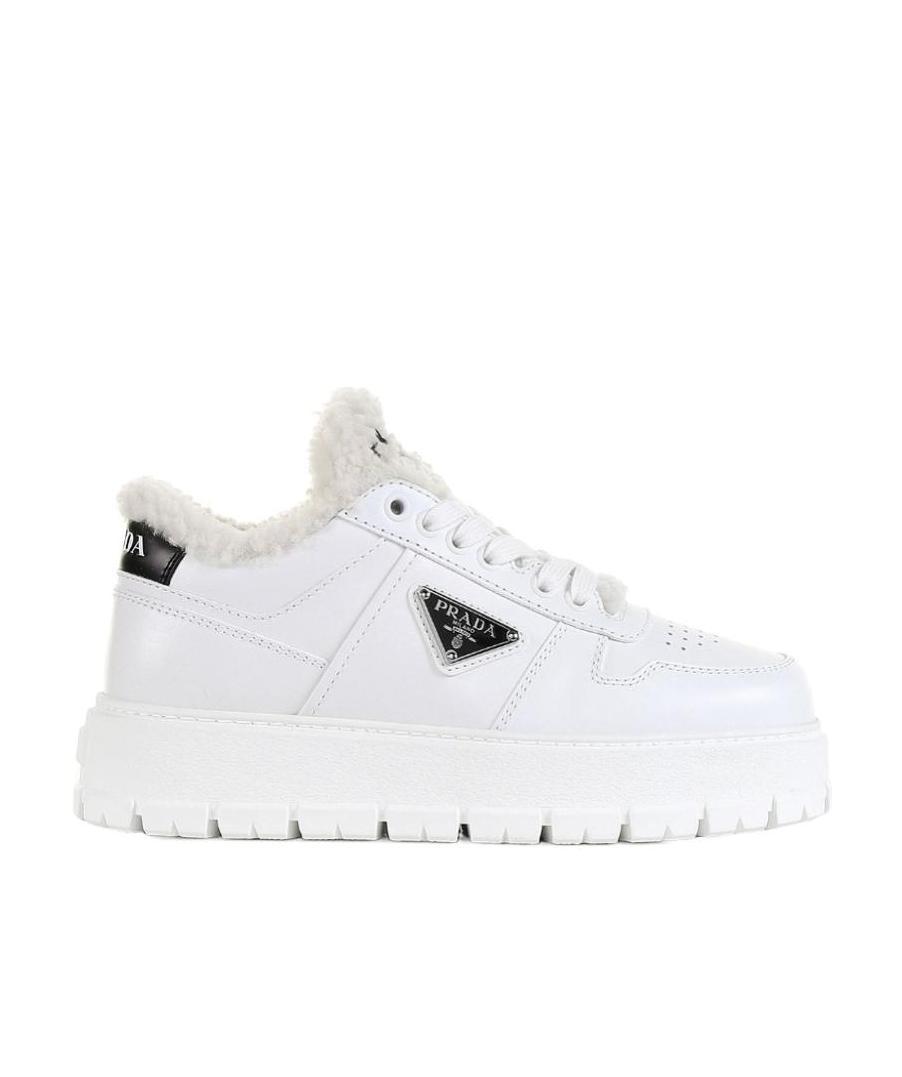 Prada Leather Shearling Lug-sole Sneakers In White