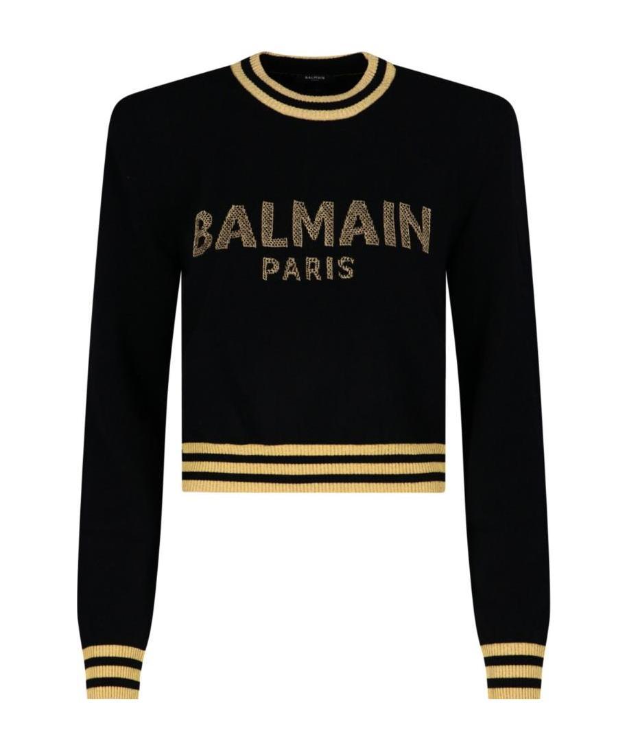 Balmain Logo Wool Blend Knit Cropped Sweater In Black