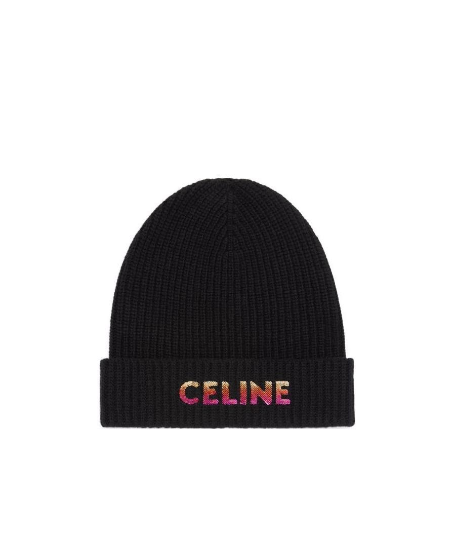 Celine Rib Embroidered Wool Hat In Black