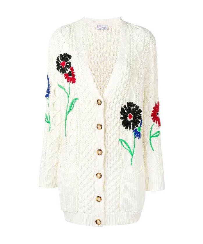 Red Valentino Embroidered Flower Coarse Twisted Knitted Cardigan In White