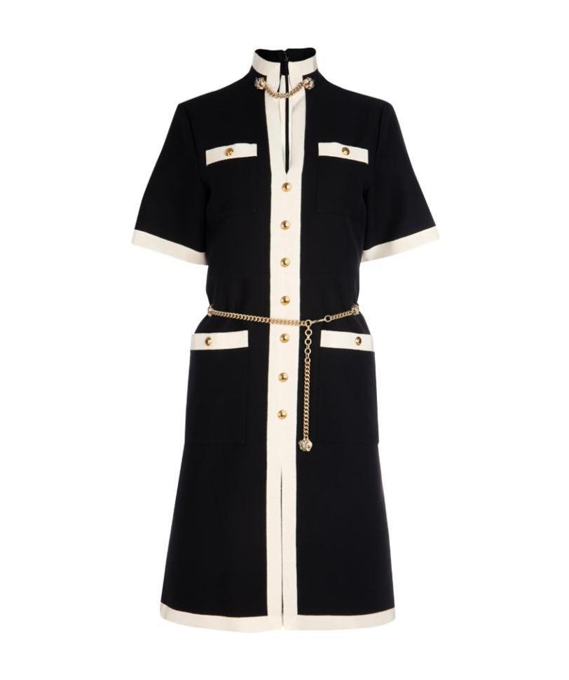 Gucci Short Wool Silk Dress With Chain Belt In Black
