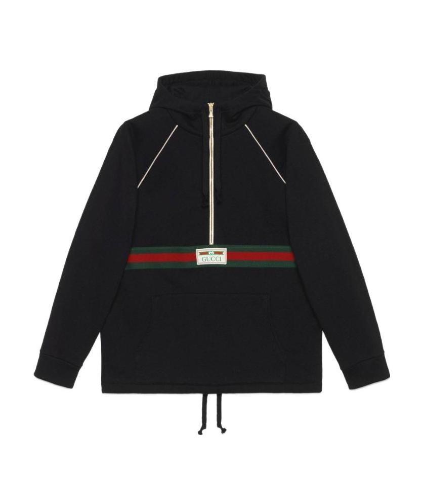 Gucci Logo Web Half-zip Cotton Jersey Hoodie In Black