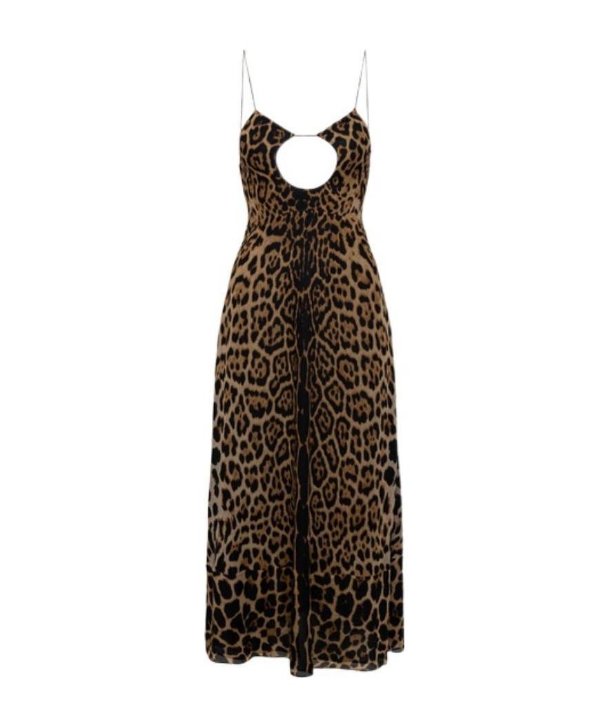 Saint Laurent Cut-out Leopard-print Midi Dress In Black