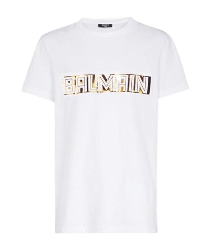 BALMAIN WHITE COTTON T-SHIRT WITH GOLD BALMAIN LOGO