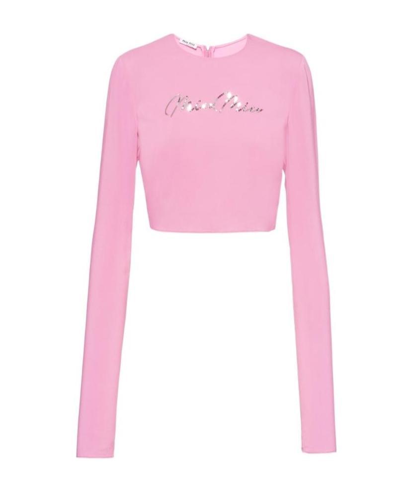 Miu Miu Sequinned-logo Georgette Cropped Top In Pink