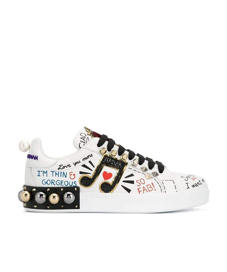 Dolce & Gabbana Music Printed Leather Sneakers With Patch In White