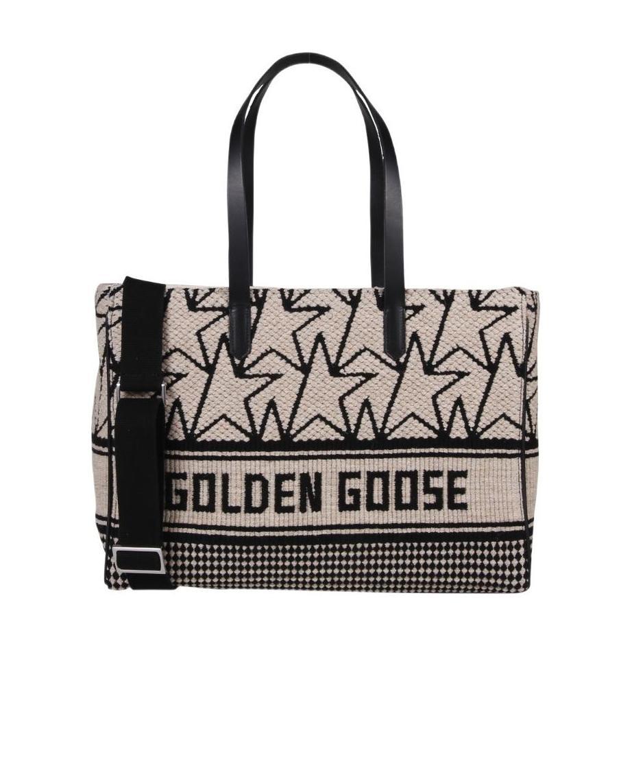 Golden Goose East-west California Bag In Milk-white Jacquard Wool With Contrasting Black Monograms And Golden Goo