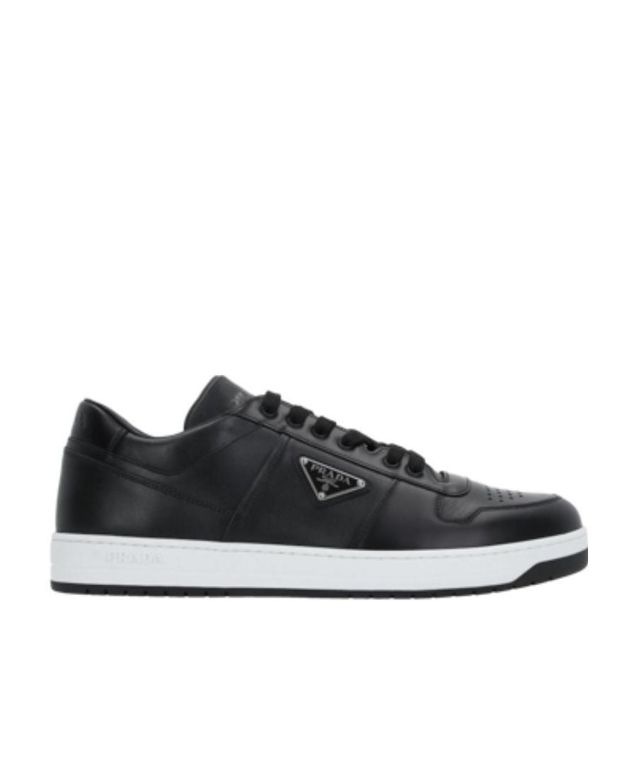 Prada Leather Sneakers With Perforated Toe Cap In Black
