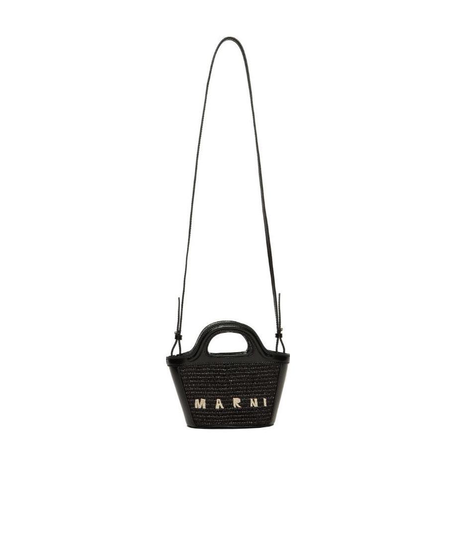 Marni Tropicalia Structured Shoulder Bag With Raffia Panels In Black