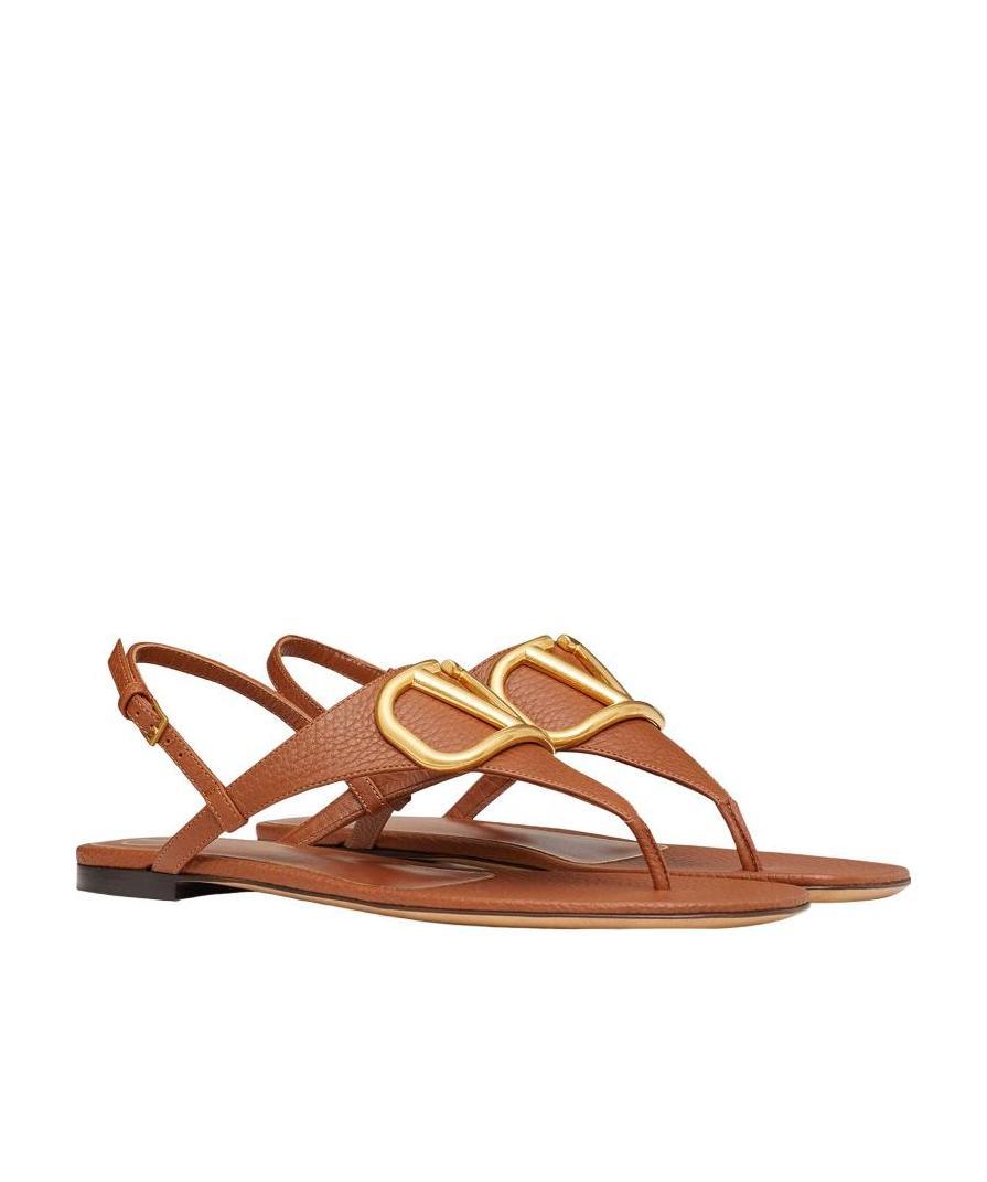 Valentino Vlogo Signature Flat Thong Sandal In Grainy Calfskin In Brown