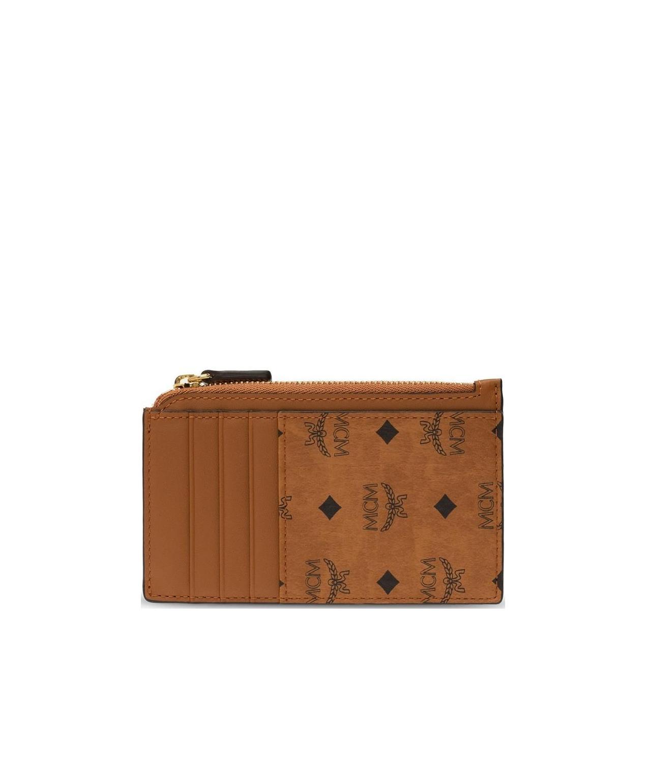 Mcm Allover Logo Printed Zipped Card Holder In Brown