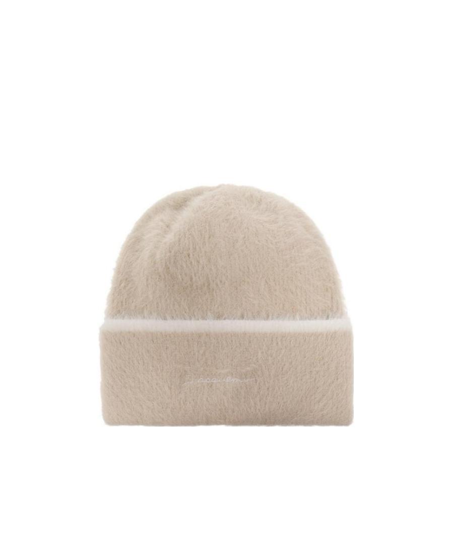 Jacquemus Embroidered-logo Fuzzy-knit Beanie In Nude