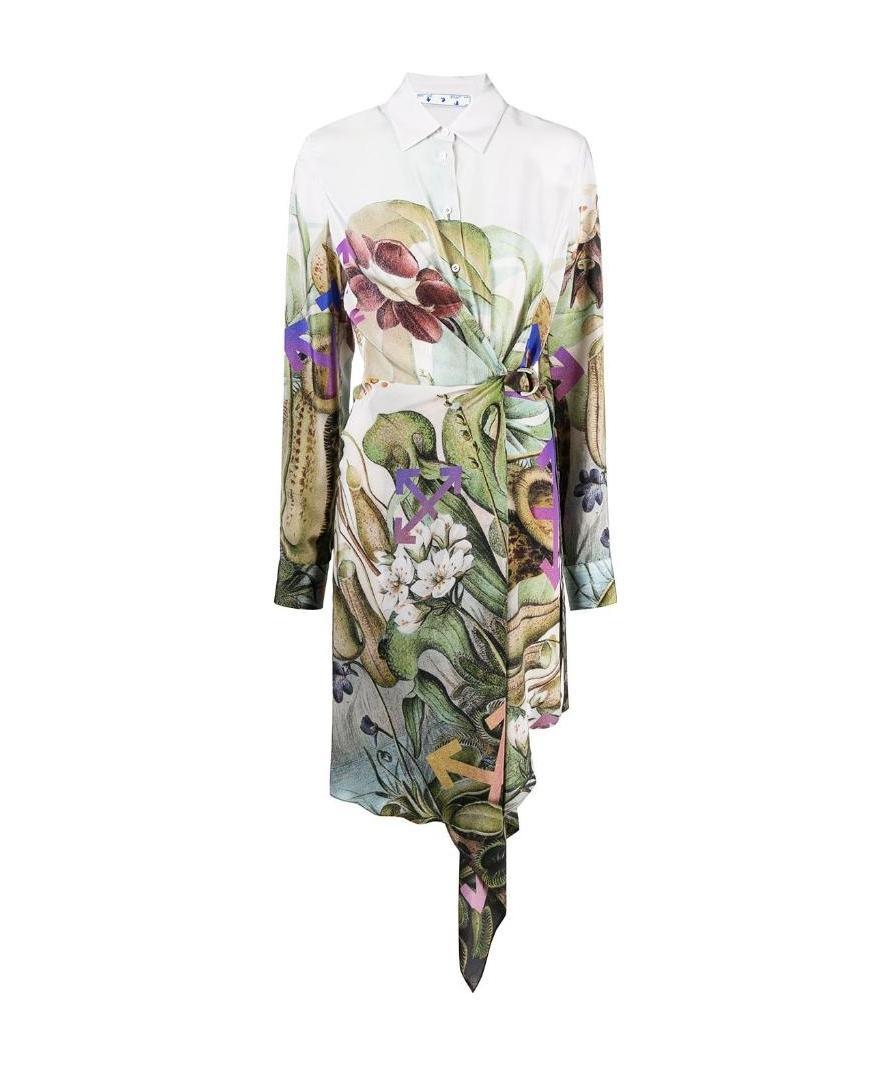 Off-white Botanical-print Belted Silk Shirtdress In Multicolor