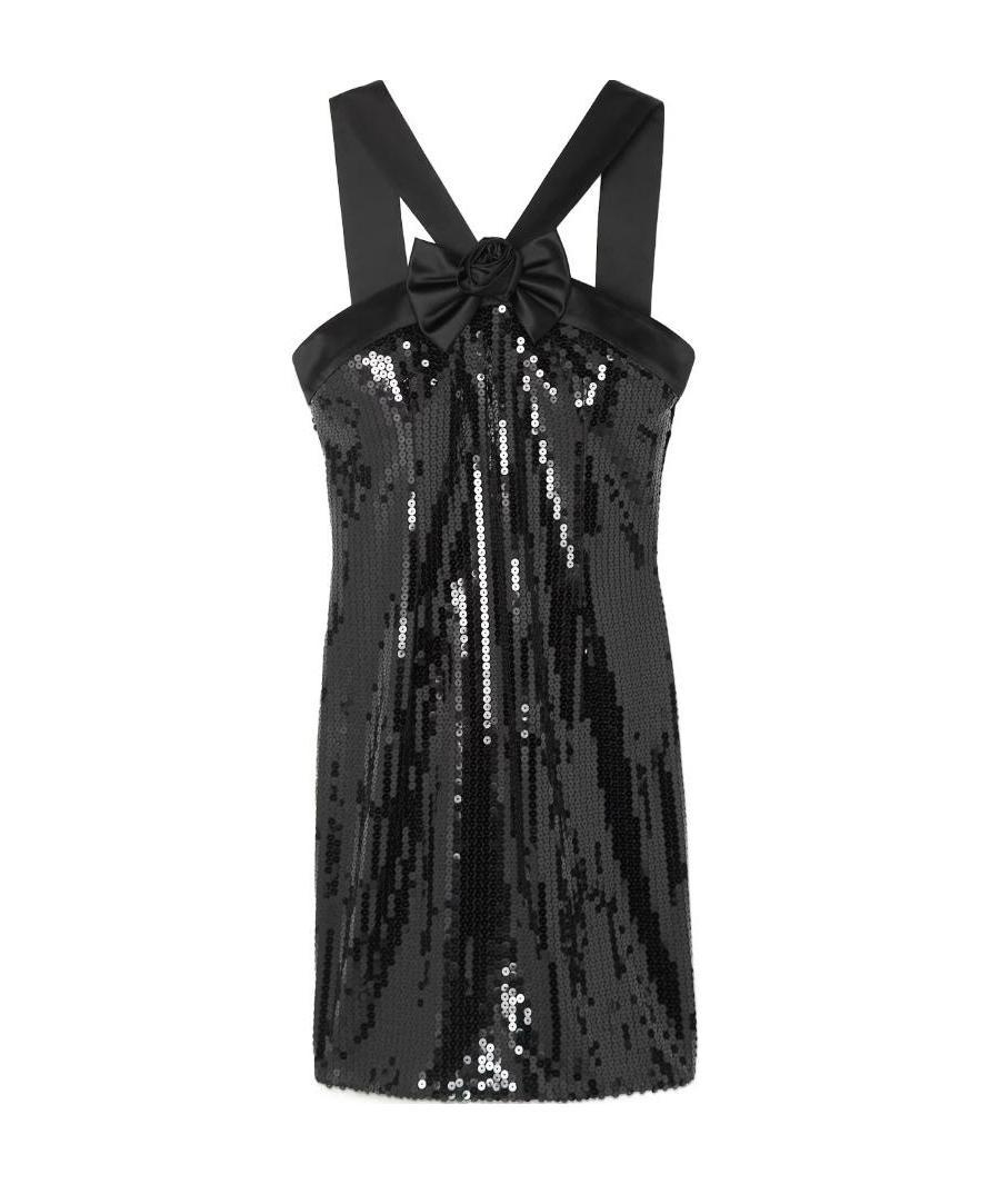 Alessandra Rich Logo Bow Sequined Dress In Black