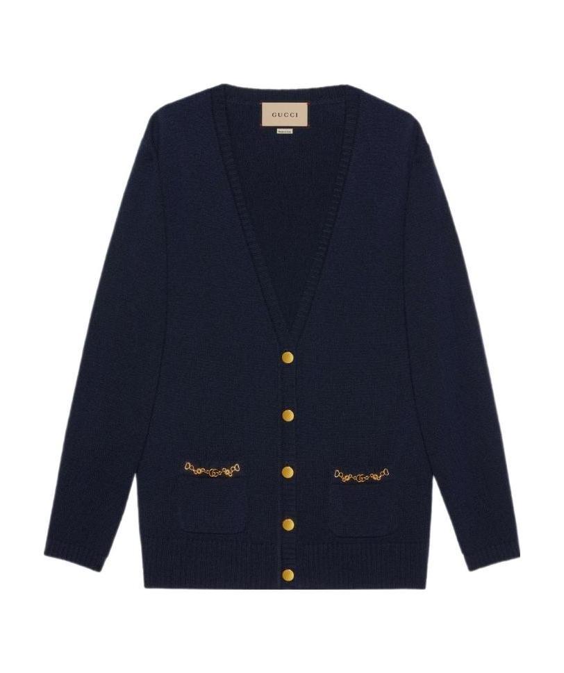 Gucci Cashmere Cardigan With Chain Detail In Blue