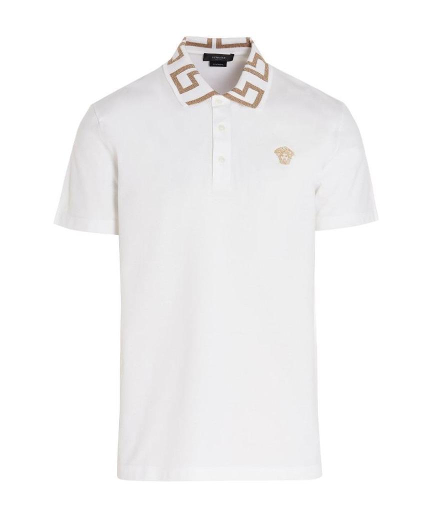Versace Men Greca Polo Shirt With Short Sleeves In White