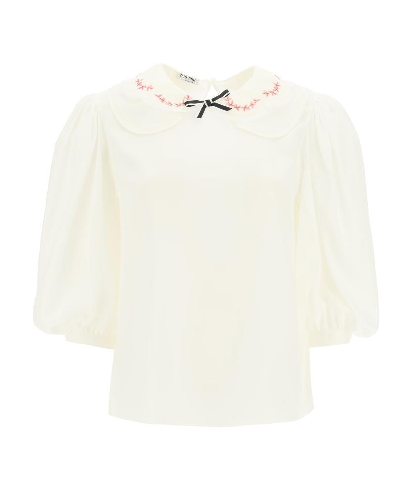 Miu Miu Rounded-collar Puff-sleeve Blouse In White