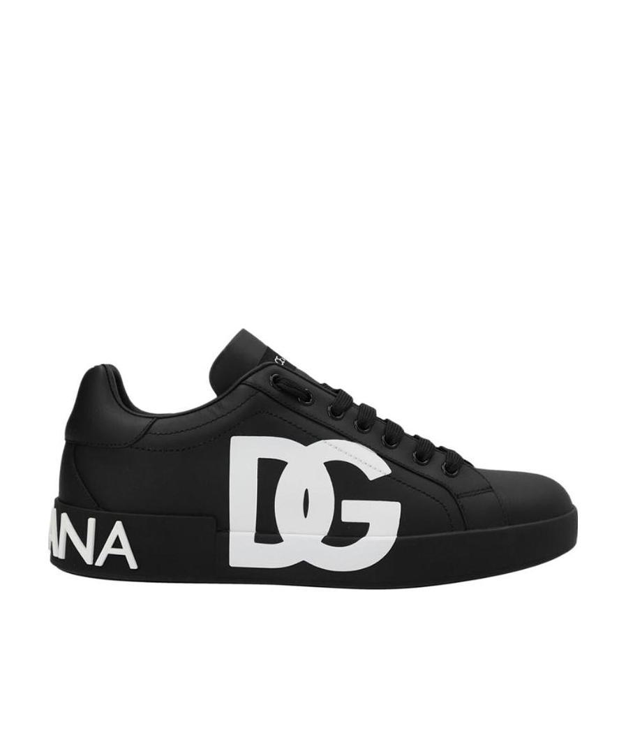Dolce & Gabbana Portofino Sneakers In Black Calf Leather With White Logo In Black