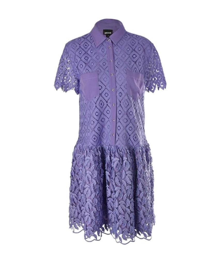 Shop Just Cavalli Lapel Lace Carved Short-sleeved Dress In Blue
