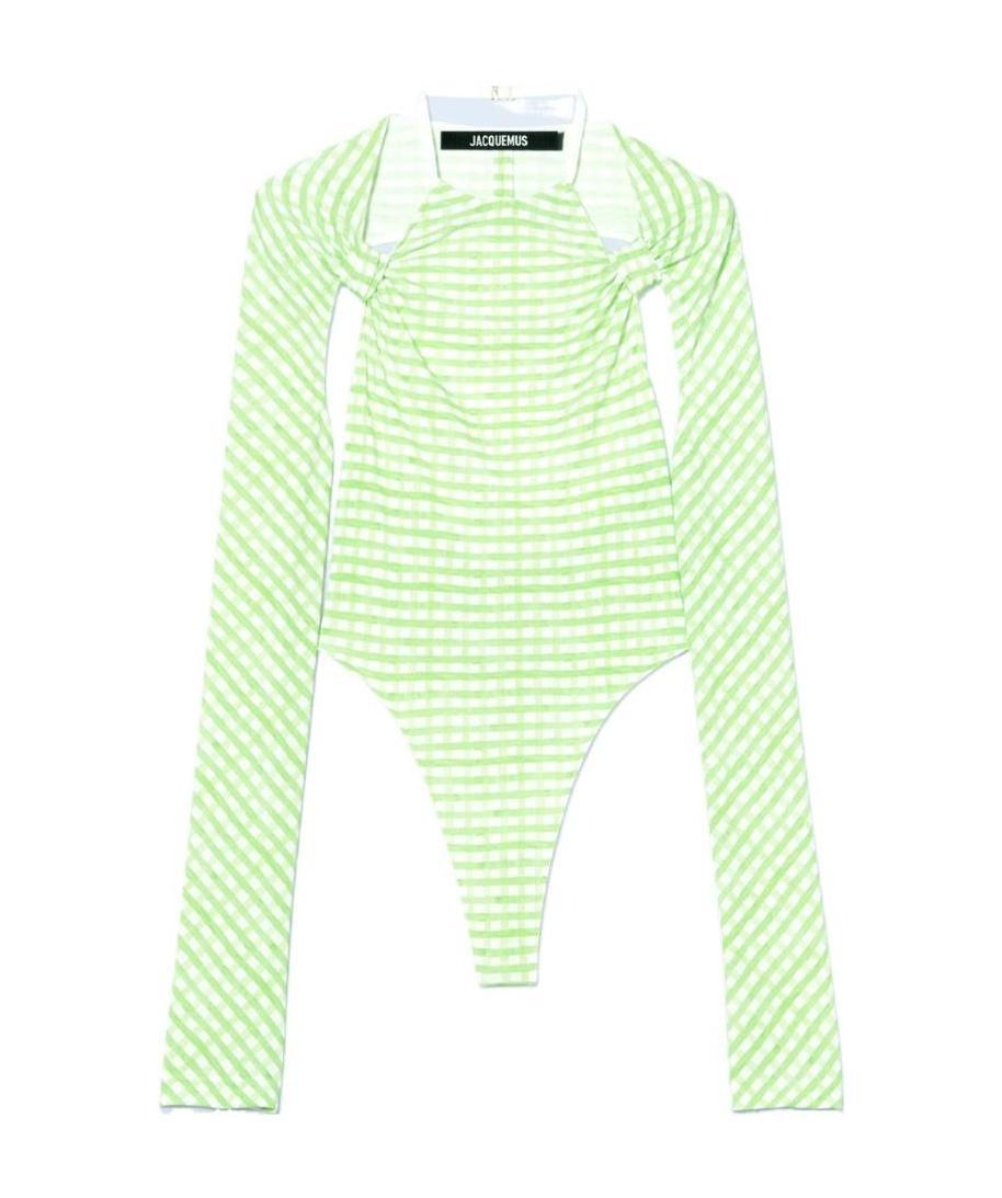 Jacquemus Nodi Cutout Knotted Gingham Jersey Bodysuit In Green