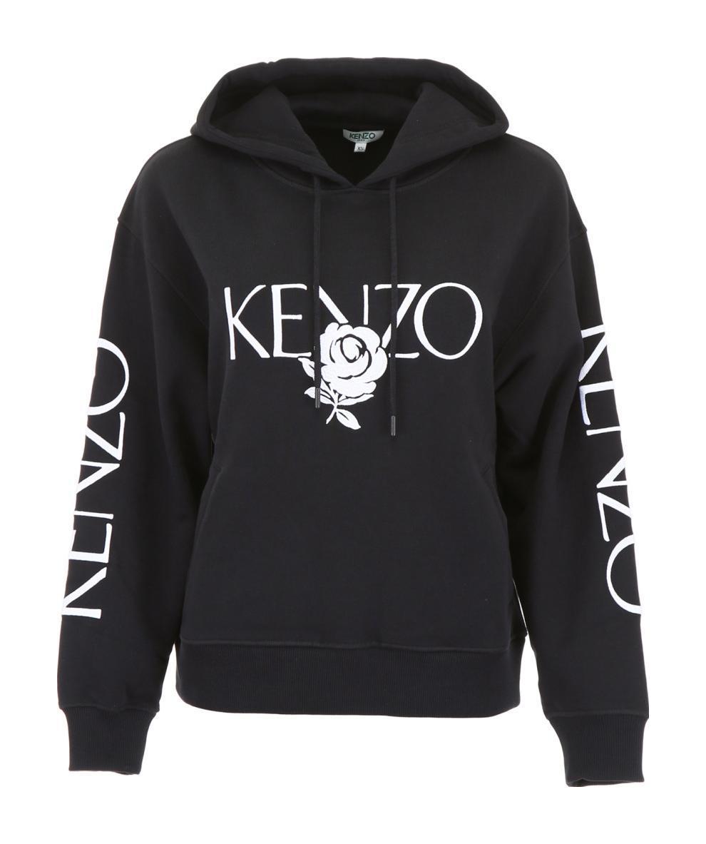 Kenzo Rose Logo Embroidered Hooded Sweater In Black