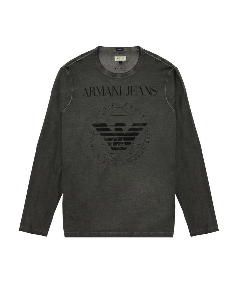 Armani Jeans Dark Gray Logo Printed Long-sleeved T-shirt In Black