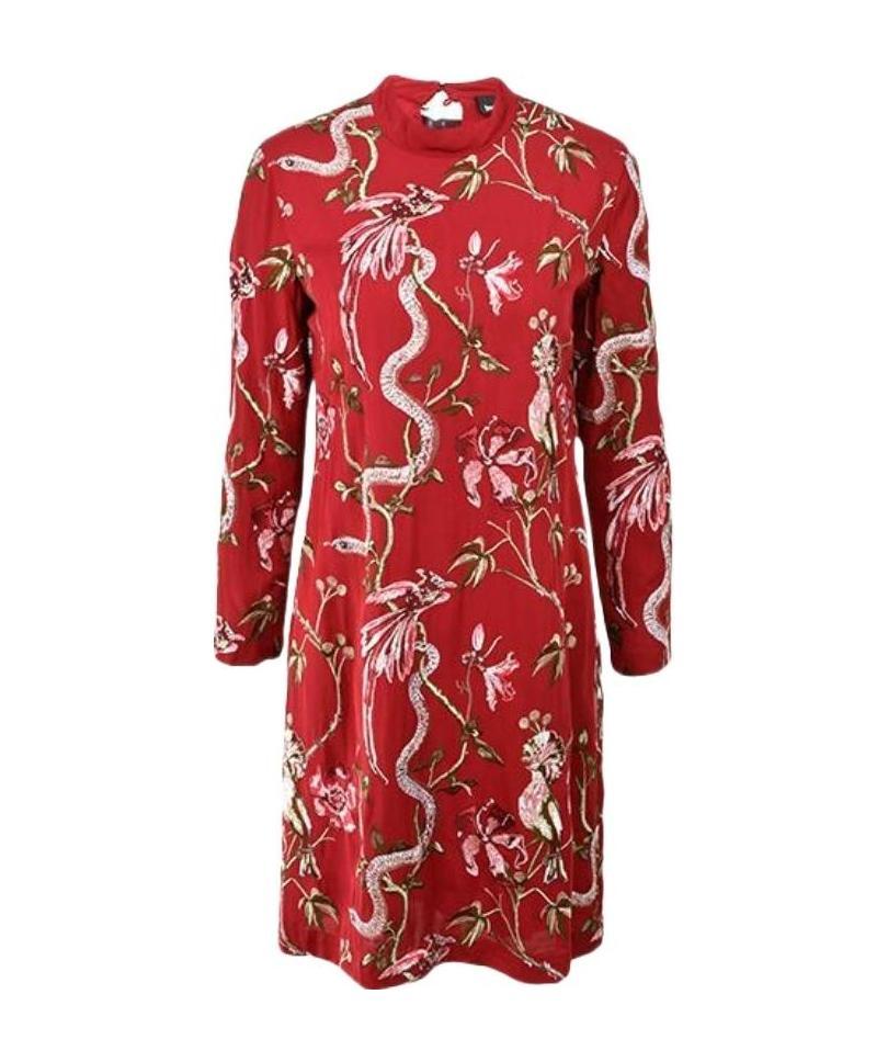Shop Just Cavalli Flower-and-bird Embroidered Long-sleeved Dress In Red
