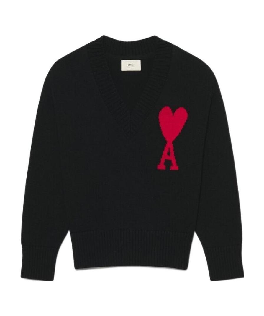 Ami Alexandre Mattiussi Ami Paris Wool Sweater With Heart Intarsia Design In Black
