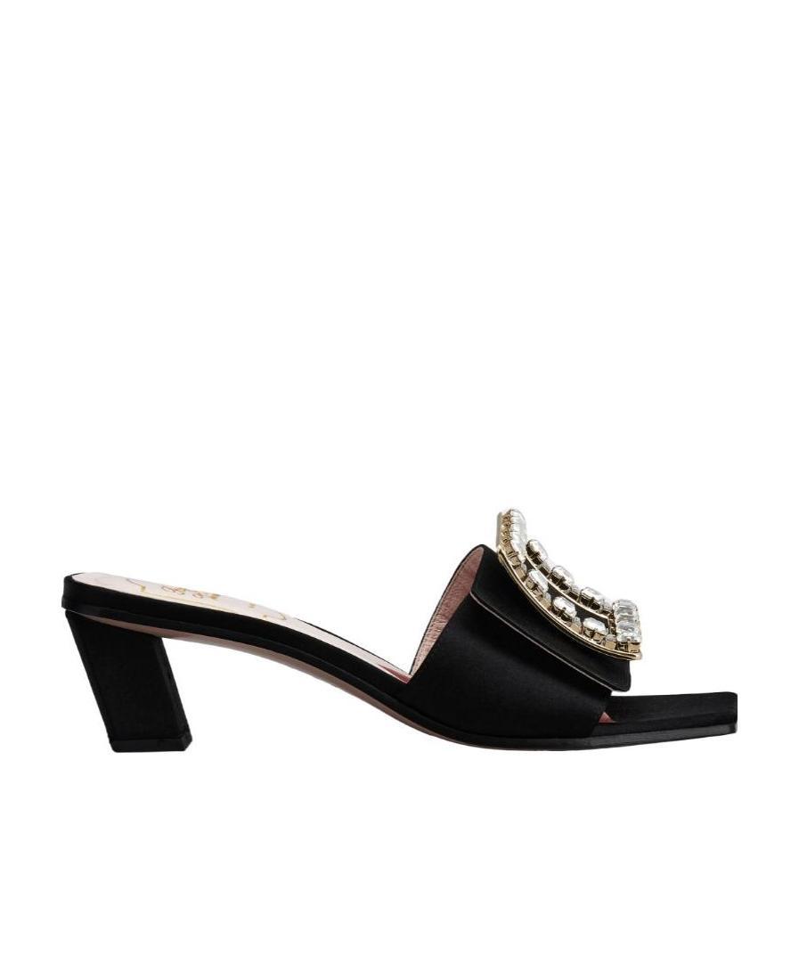 ROGER VIVIER BIKI LOVE STRASS BUCKLE MULES IN SATIN