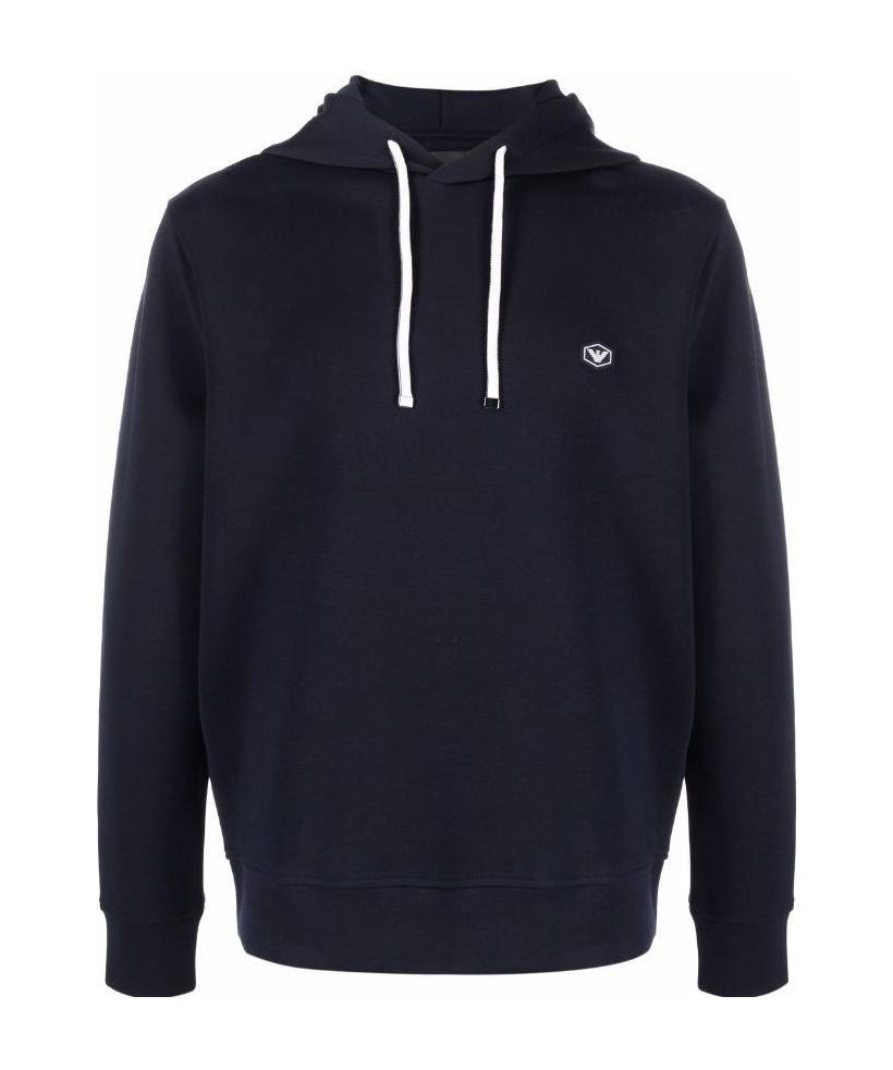 Emporio Armani Ribbed Navy Cotton Hoodie With Drawstring In Black