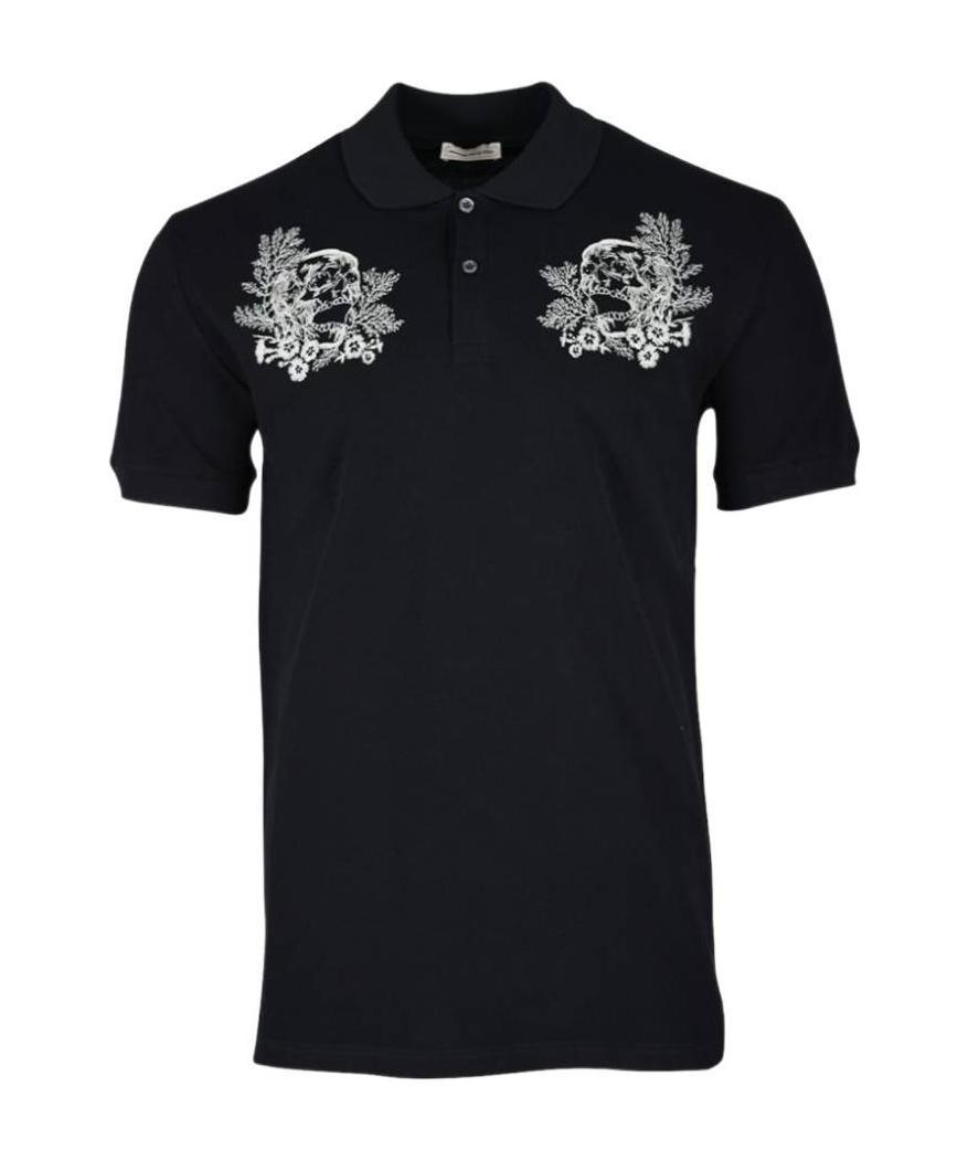 Alexander Mcqueen Black Skull Embroidered Polo Shirt In Black