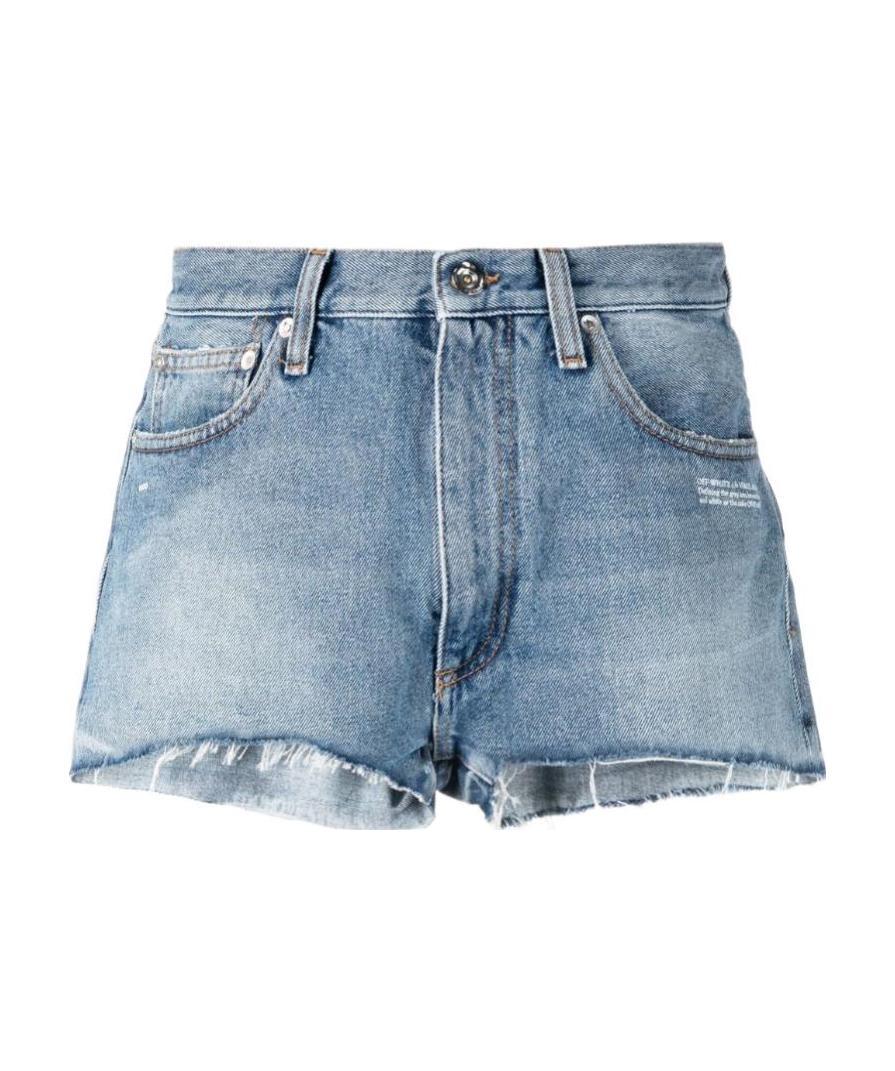 Off-white Logo-print Frayed-edge Denim Shorts In Blue