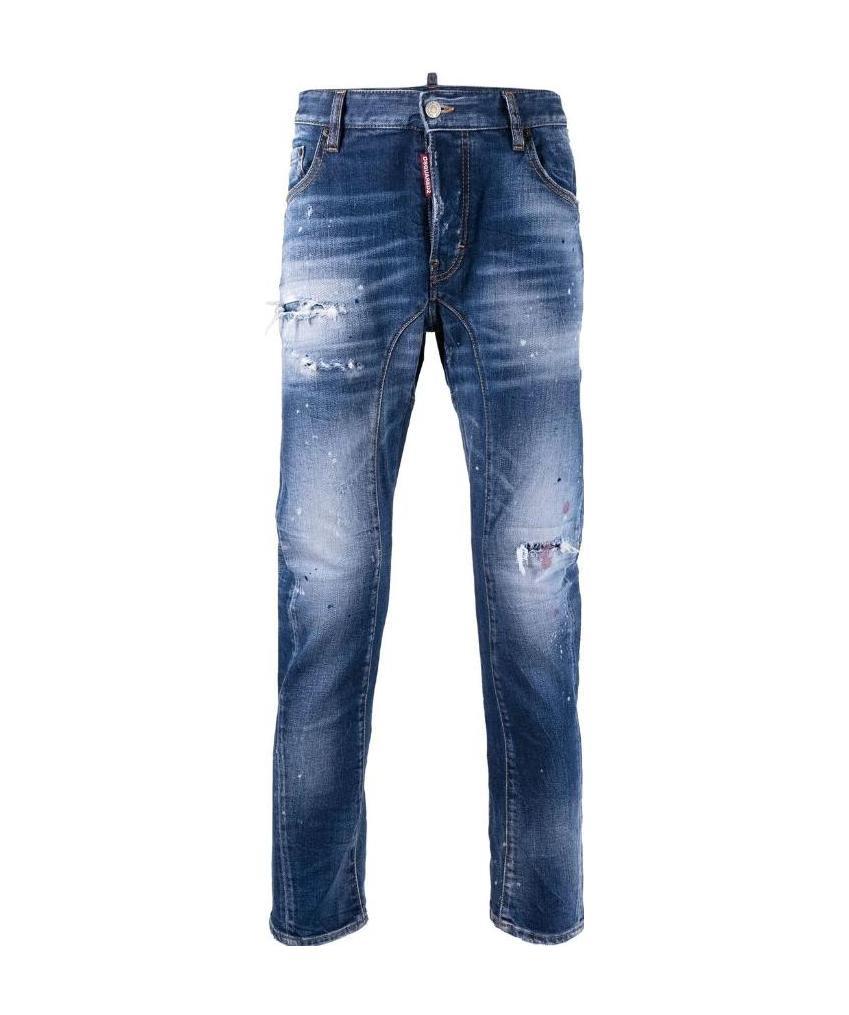 Dsquared2 Blue Slim Jeans With Rips And Bleach Effect In Cotton Blend Denim Man In Blue