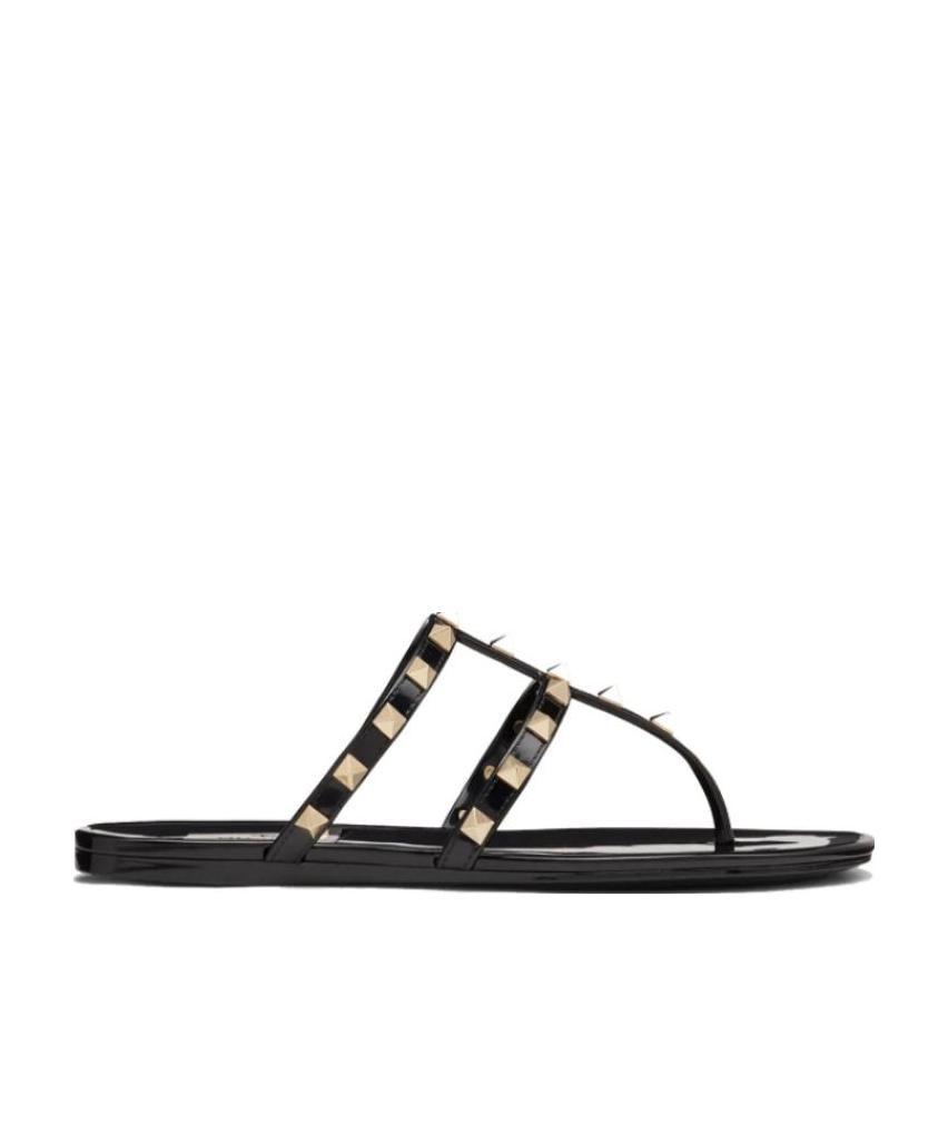 Valentino Rockstud T-strap Flat Slide Sandals In Black