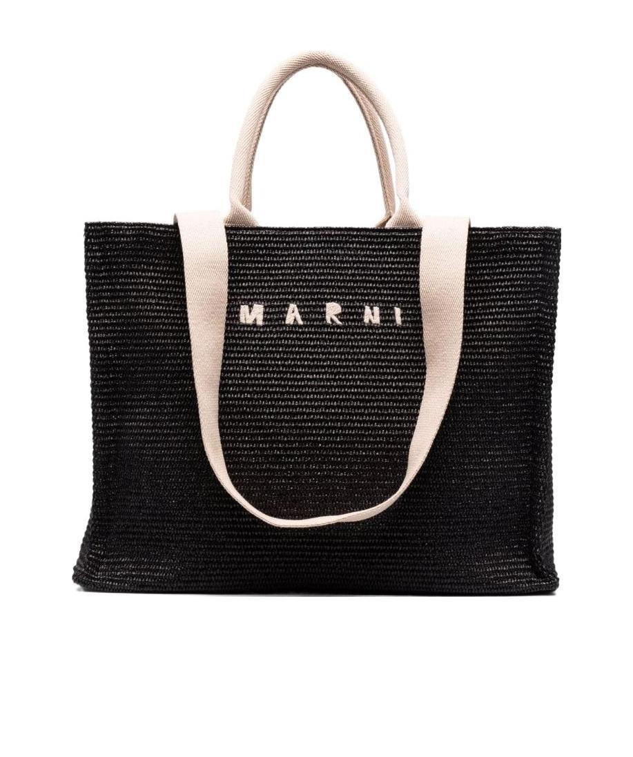Marni Rectangular Tote Bag With Woven Texture And 2 Handles In Black