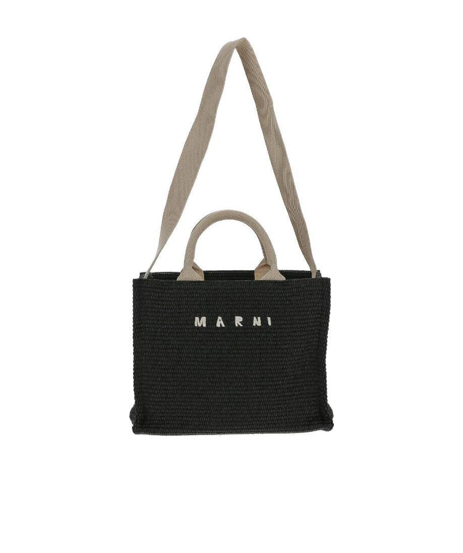 Marni Natural Raffia Effect Fabric Large Tote Bag In Black