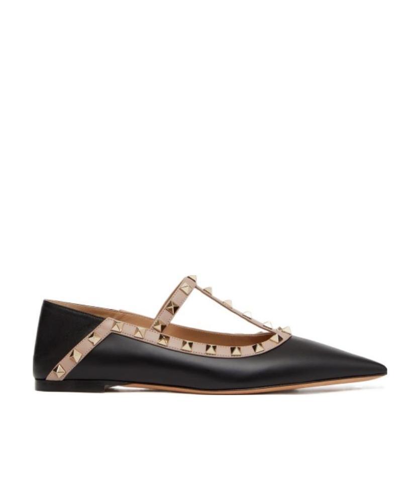 Valentino Pointed Rivet Flat Ballet Shoes In Black